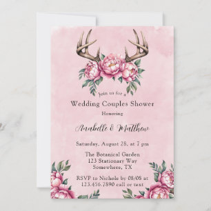 Boho Antler Pink Peonies Wedding Couples Shower Invitation
