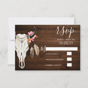 Boho Antler Rustic Dark Wood Wedding RSVP Card