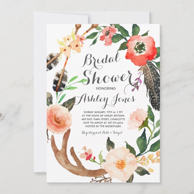 Boho antler succulents Bridal Shower Invitation (Front)