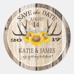 Boho Antler Sunflowers Wood Save the Date Classic Round Sticker