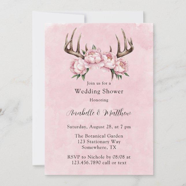 Boho Antler with Pink Peonies Wedding Shower Invitation (Front)