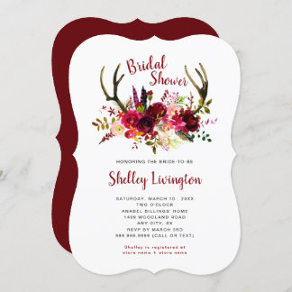 Boho Antlers Marsala Floral Bridal Shower Invitation