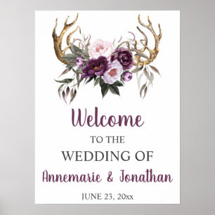 Boho Antlers Purple Plum Pink Peonies Welcome Poster