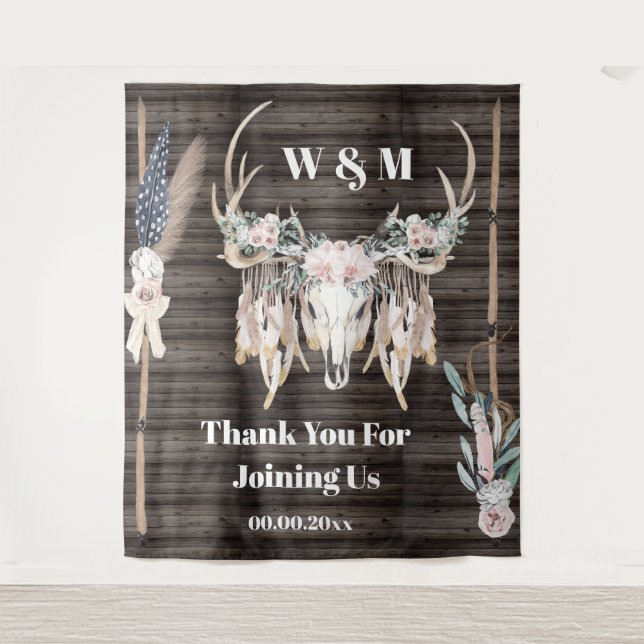 Boho antlers rose feather wood rustic country tapestry (Front)