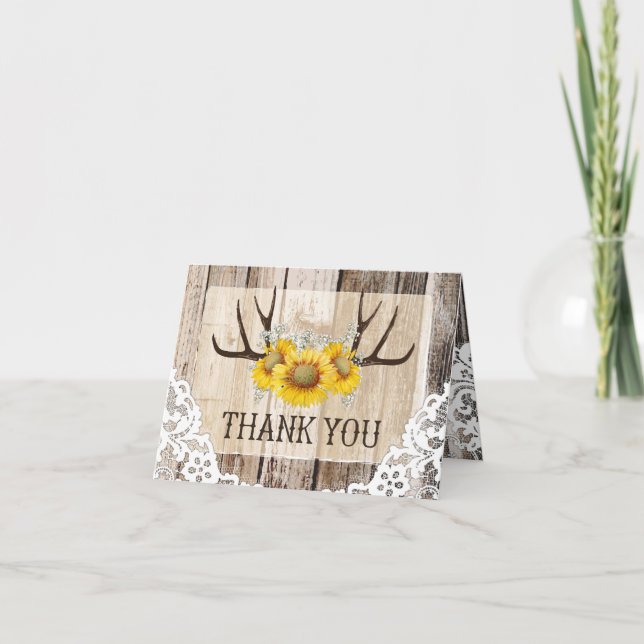 Boho Antlers Rustic Wood Sunflowers Lace Thank You Card (Front)