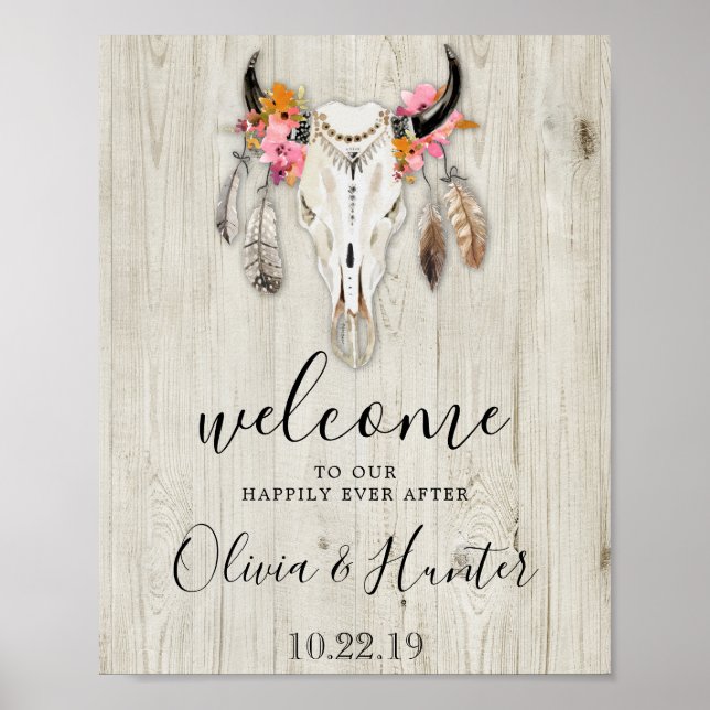 Boho Antlers Skull Wood Welcome Wedding Poster (Front)