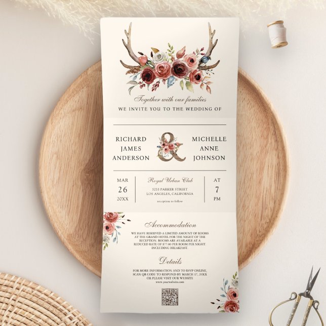 Boho Antlers Terracotta Floral QR Code Wedding Tri-Fold Invitation (Creator Uploaded)