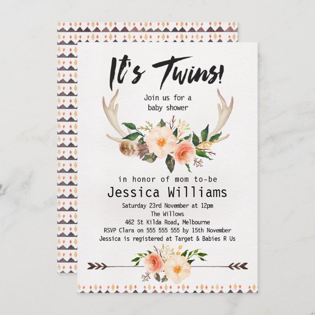 Boho Antlers Twins Baby Shower Invitation (Front/Back)