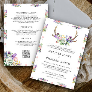 Boho Antlers Wildflower All in One QR Code Wedding Invitation