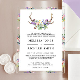 Boho Antlers Wildflower Wedding Acrylic Invitations