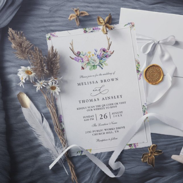 Boho Antlers Wildflowers Rustic QR Code Wedding Invitation (Creator Uploaded)