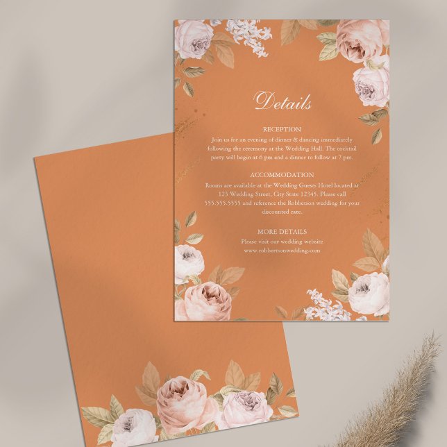 Boho Apricot Peonies Wedding Details Card (Boho Apricot Peonies Wedding Details Card on table)