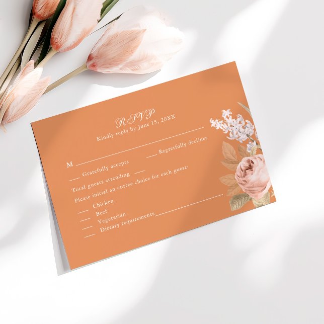 Boho Apricot Peonies Wedding RSVP Card (Boho Apricot Peonies Wedding RSVP Card on a sunny white table with pale pink flowers.)