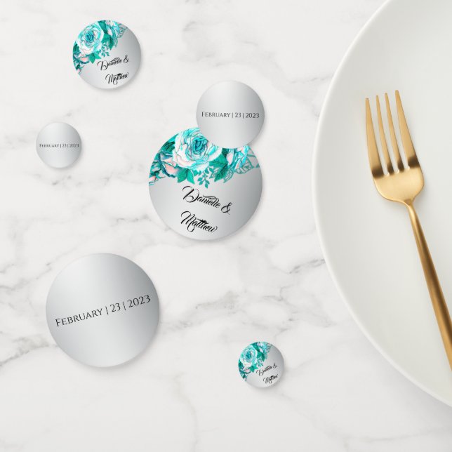 Boho Aqua Roses on Silver Wedding Confetti (Group)