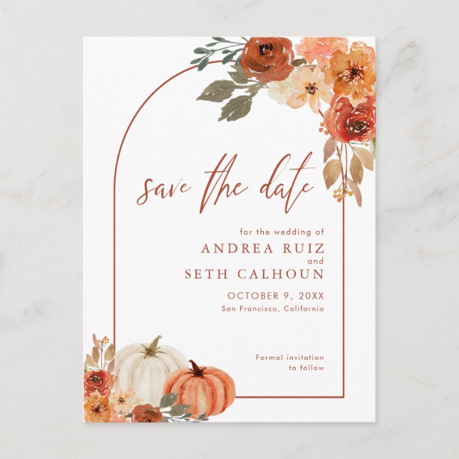Boho Arch Autumn Pumpkin Terracotta Save The Date Announcement Postcard (Front)