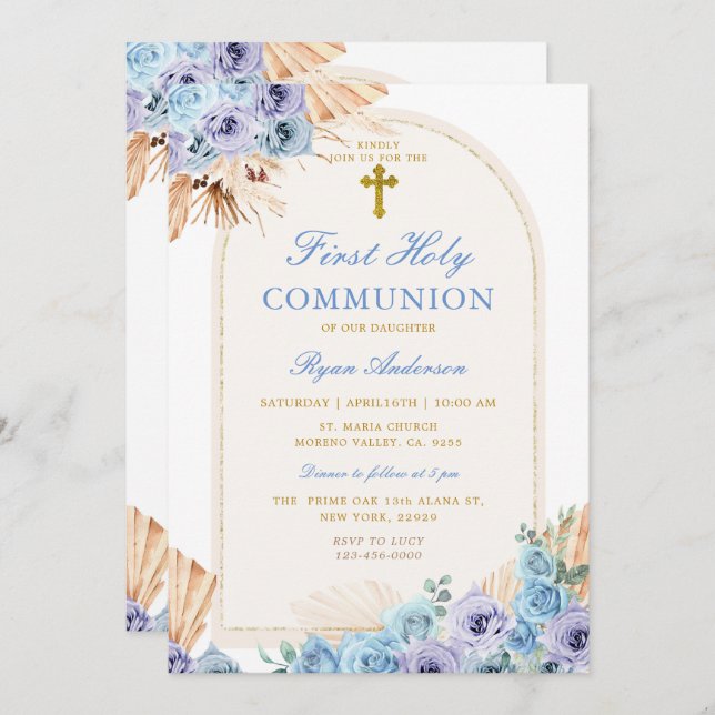 Boho Arch Blue Floral First Holy Communion Cross Invitation (Front/Back)
