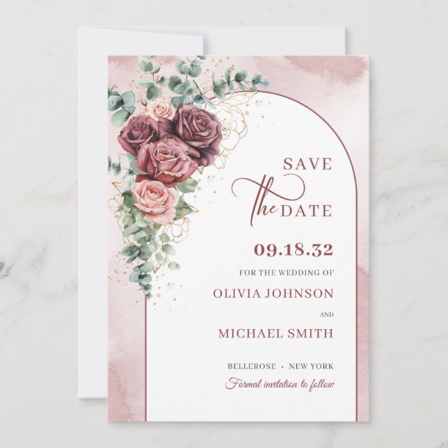 Boho arch blush burgundy floral eucalyptus gold save the date (Front)