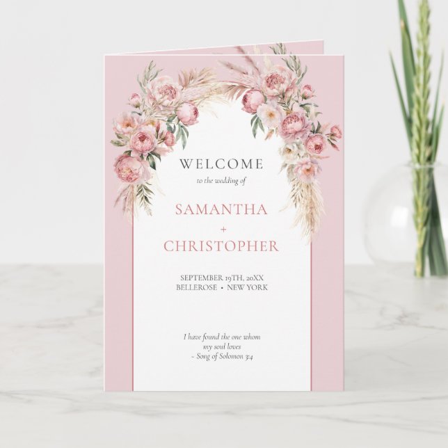 Boho arch blush peonies pampas grass program fold  programme (Front)