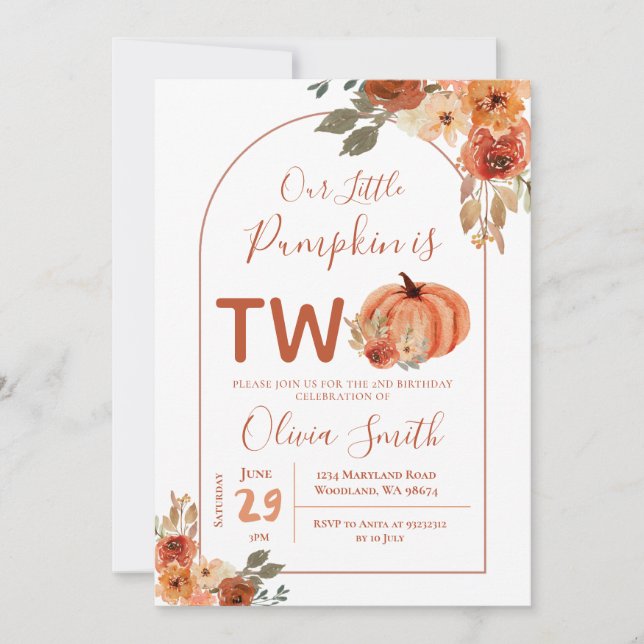 Boho Arch Burnt orange Pumpkin 2nd Birthday Invitation (Front)