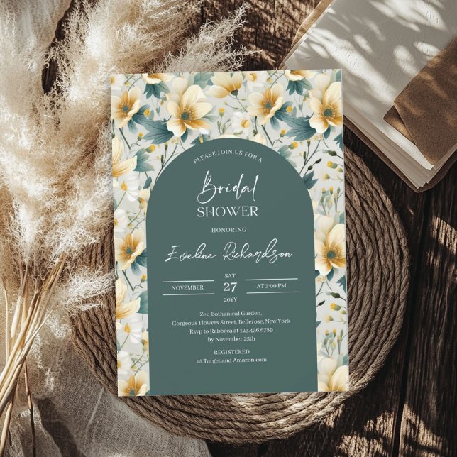 Boho arch colourful dusty green yellow wildflowers invitation (Boho arch colorful dusty green yellow wildflowers invitation)