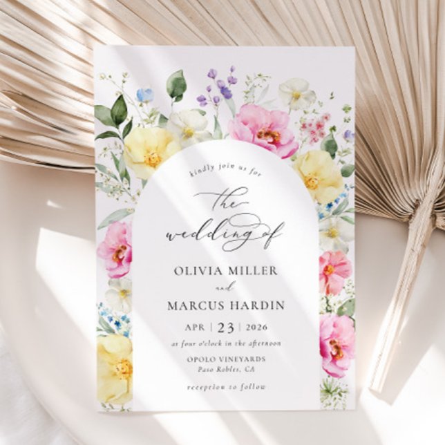 Boho Arch Colourful Floral Spring Elegant Wedding Invitation (Front)