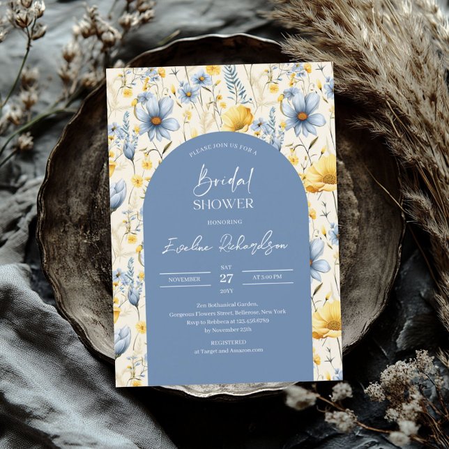 Boho arch colourful light blue yellow wildflowers invitation (Boho arch colorful light blue yellow wildflowers invitation)