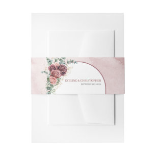 Boho arch dark maroon blush roses eucalyptus gold  invitation belly band