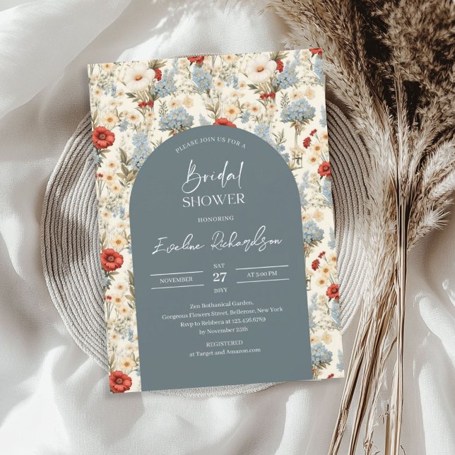Boho arch dusty blue and burgundy wildflowers invitation (Boho arch dusty blue and burgundy wildflowers invitation)