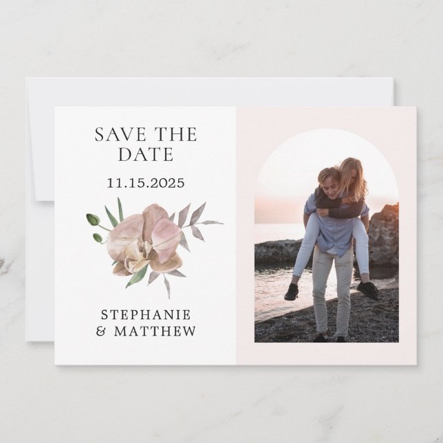 Boho Arch Dusty Orchids Photo Wedding Save The Date (Front)