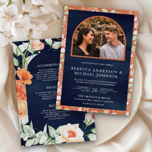 Boho Arch Earthy Floral All in One Navy Wedding Invitation