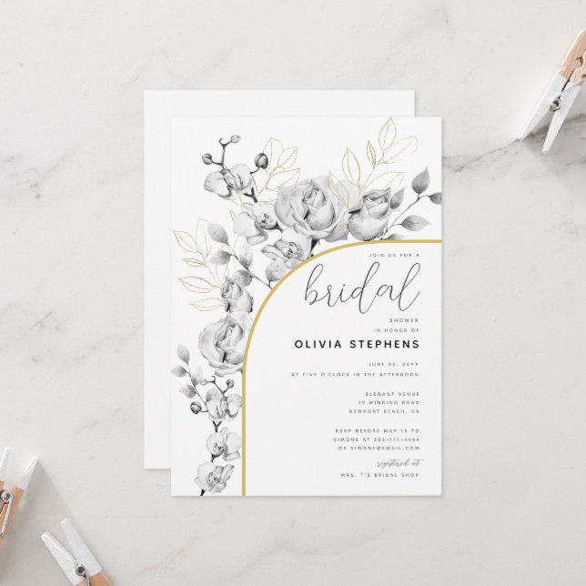 Boho Arch Elegant Floral Gold Modern Bridal Shower Invitation (Front/Back In Situ)
