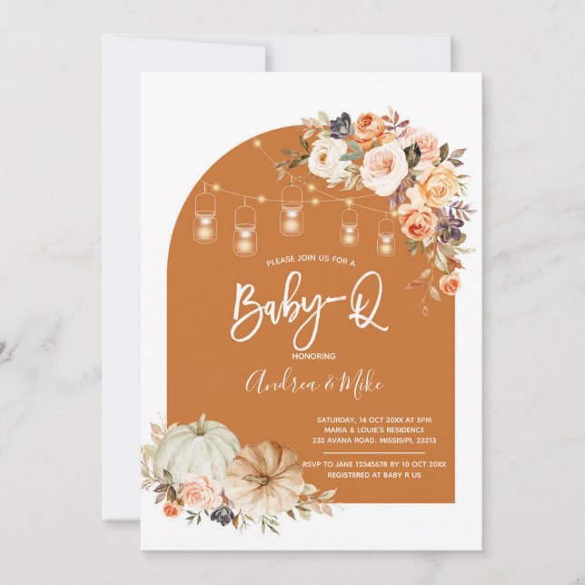 Boho Arch Fall Pumpkin BabyQ Baby Shower Invitation (Front)