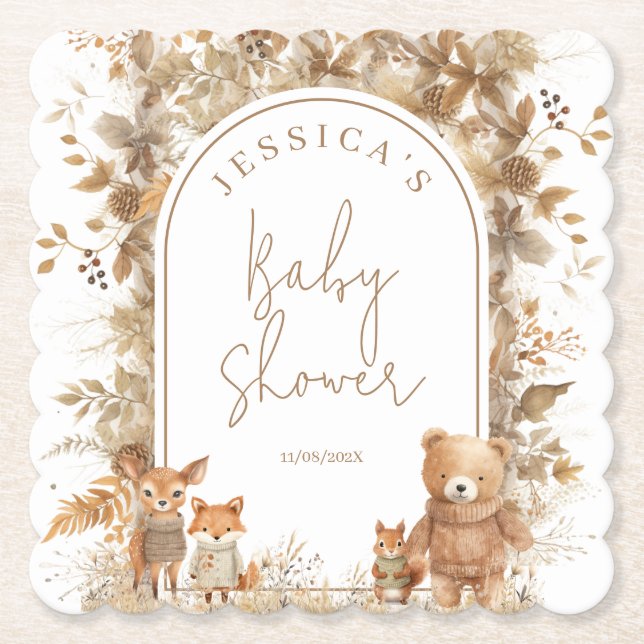 Boho Arch Fall  Woodland Animals Baby Shower Paper Coaster (Front)