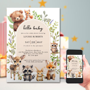 Boho Arch Greenery Woodland Animals Baby Shower Invitation