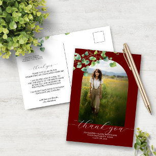 Boho Arch Ivy Dark Red Graduation Thank You Postcard