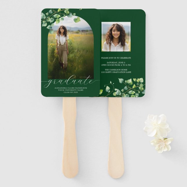 Boho Arch Ivy, Forest Green Graduation  Hand Fan (Front and Back)