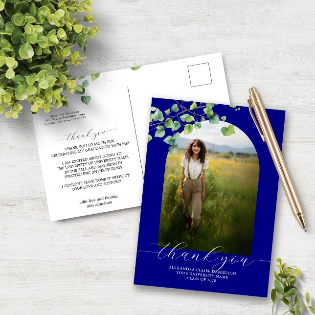 Boho Arch Ivy Navy Blue Grad Thank You  Postcard (Creator Uploaded)