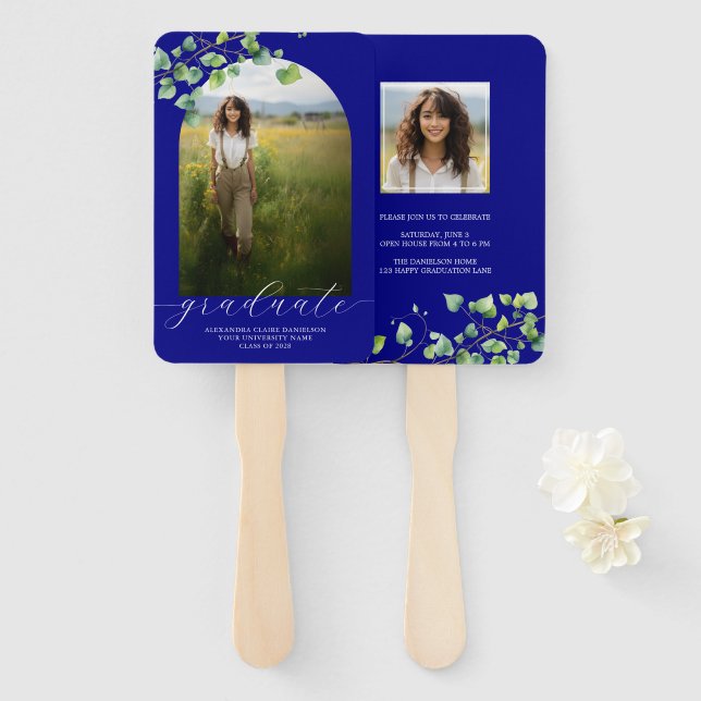 Boho Arch Ivy, Navy Blue Graduation  Hand Fan (Front and Back)