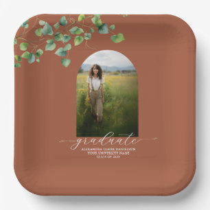 Boho Arch Ivy, Terracotta Brown Graduation  Paper Plate
