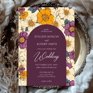 Boho arch mauve orange and ivory flowers  invitation