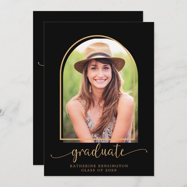 Boho Arch Minimalist Black Gold Photo Graduation Invitation (Front/Back)