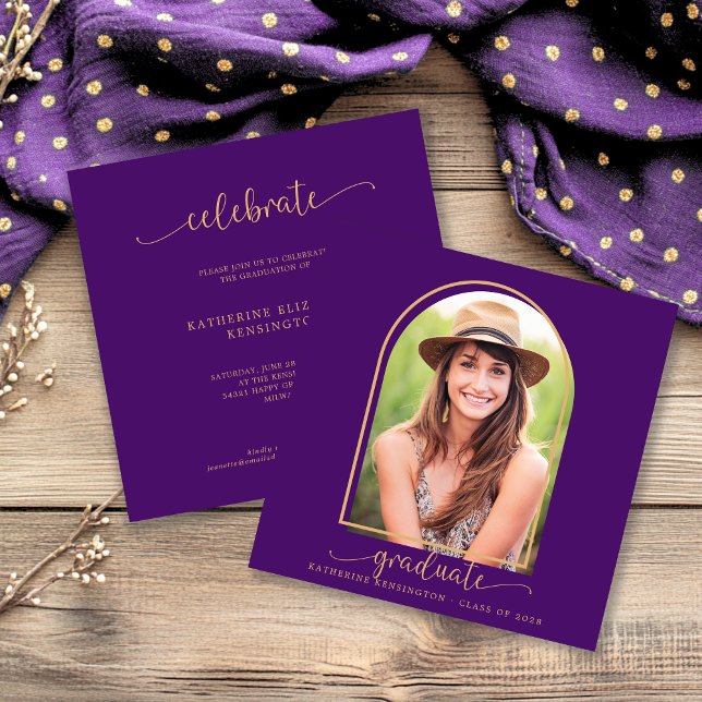 Boho Arch Minimalist Purple Gold Photo Graduation Invitation (Boho Arch Minimalist Purple Gold Photo Graduation Invitation)
