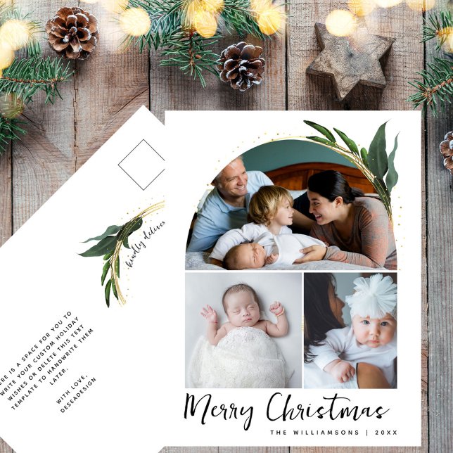 Boho Arch Modern Christmas Photo Collage Holiday Postcard (Creator Uploaded)