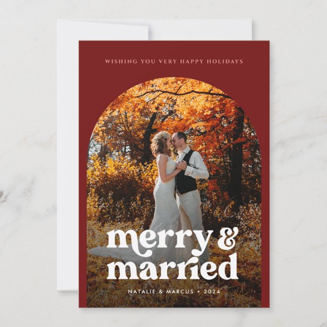 Boho Arch Newlywed Photo 2024 Holiday Card (Front)