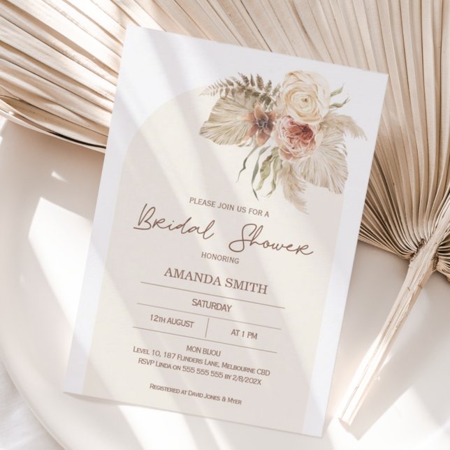 Boho Arch Pampas Grass Floral Bridal Shower Invitation (Creator Uploaded)