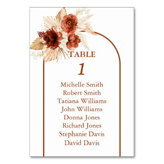 Boho Arch Pampas Grass Floral Terracotta Wedding Table Number