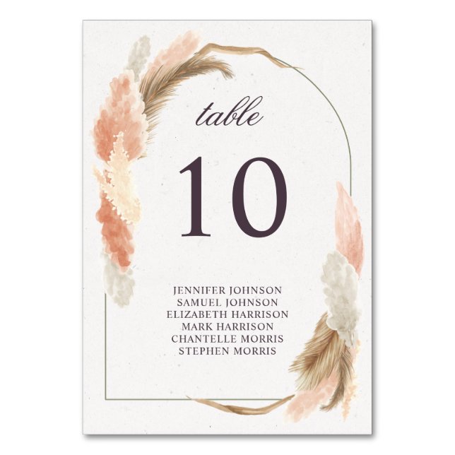 Boho arch pampas grass modern wedding  table number (Front)