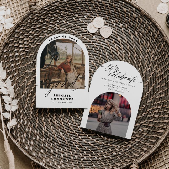 Boho Arch Photo Modern Script Graduation Invitation (Creator Uploaded)