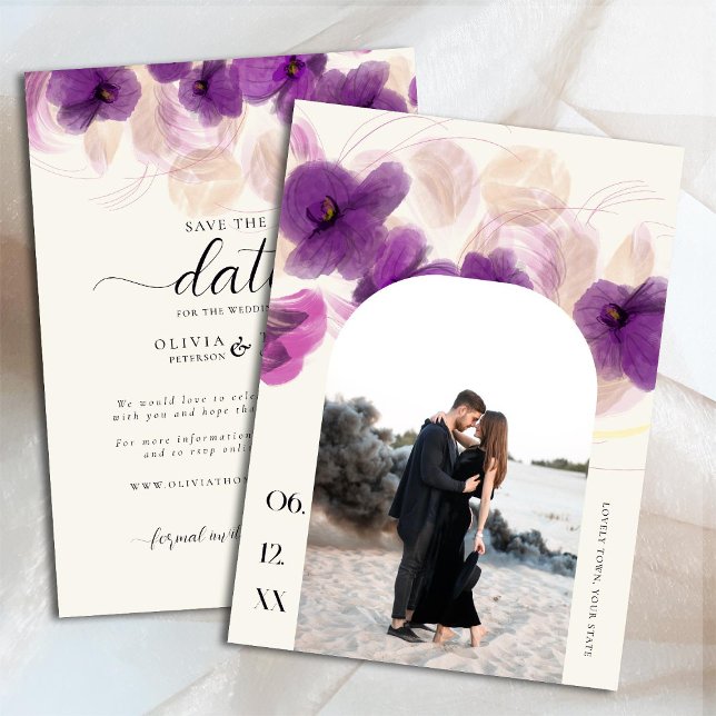 Boho Arch Purple Orchid Elegant Chic Photo Wedding Save The Date (Creator Uploaded)