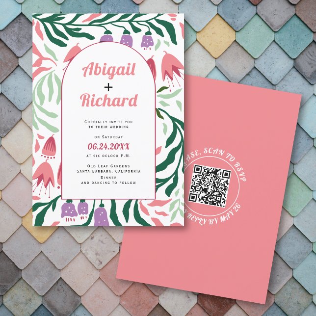Boho arch retro branches, flowers QR code wedding Invitation (Creator Uploaded)